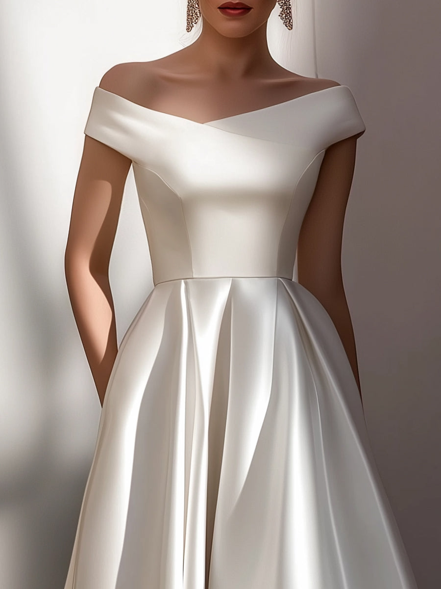 White Off-Shoulder Satin Sculpted Midi Dress