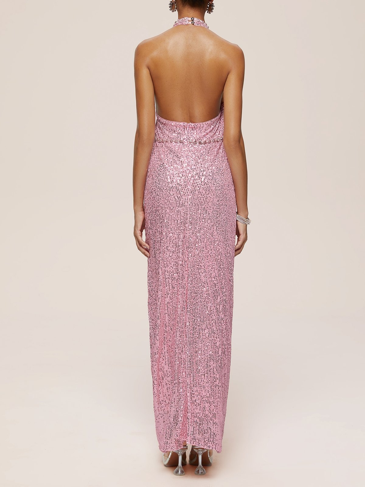 Pink Sequin Rhinestone Halter Sleeveless Sheath Maxi Dress