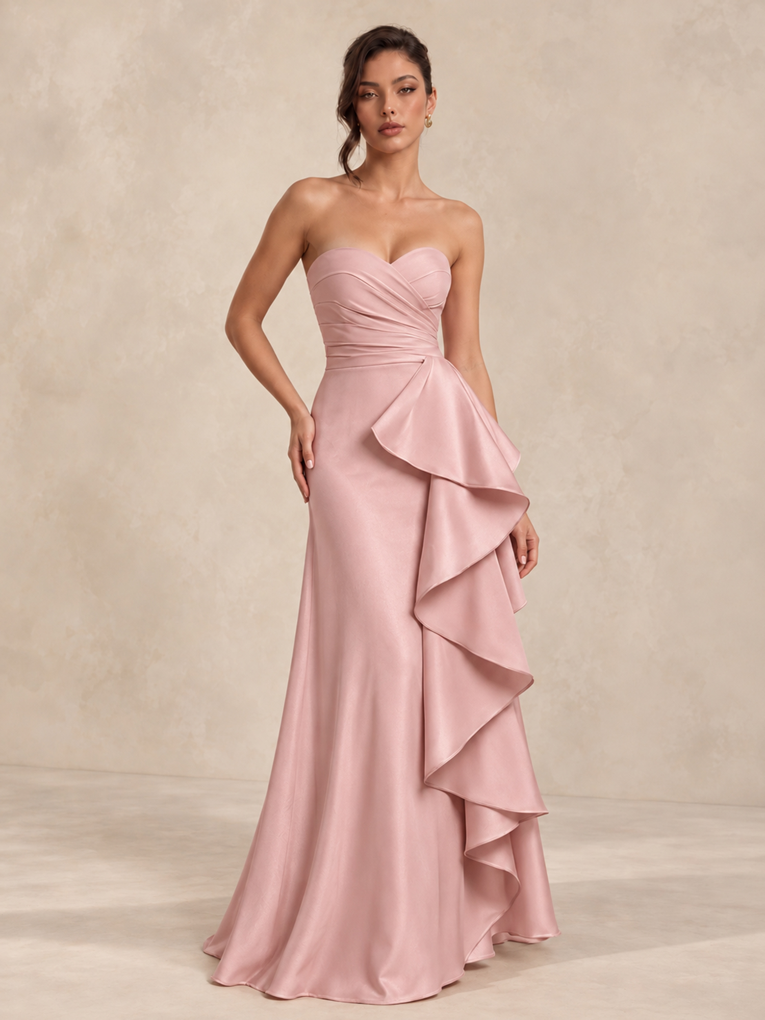 Satin Formal Evening Dress Strapless Ruffle Maxi Gown