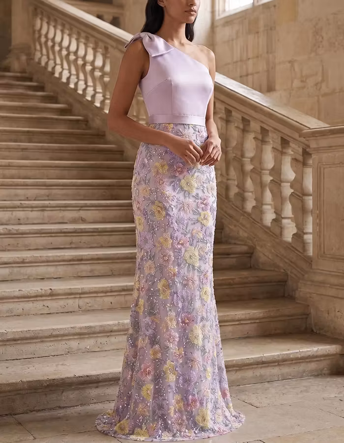 Lavender One-Shoulder Satin & Sequined Lace Maxi Dress