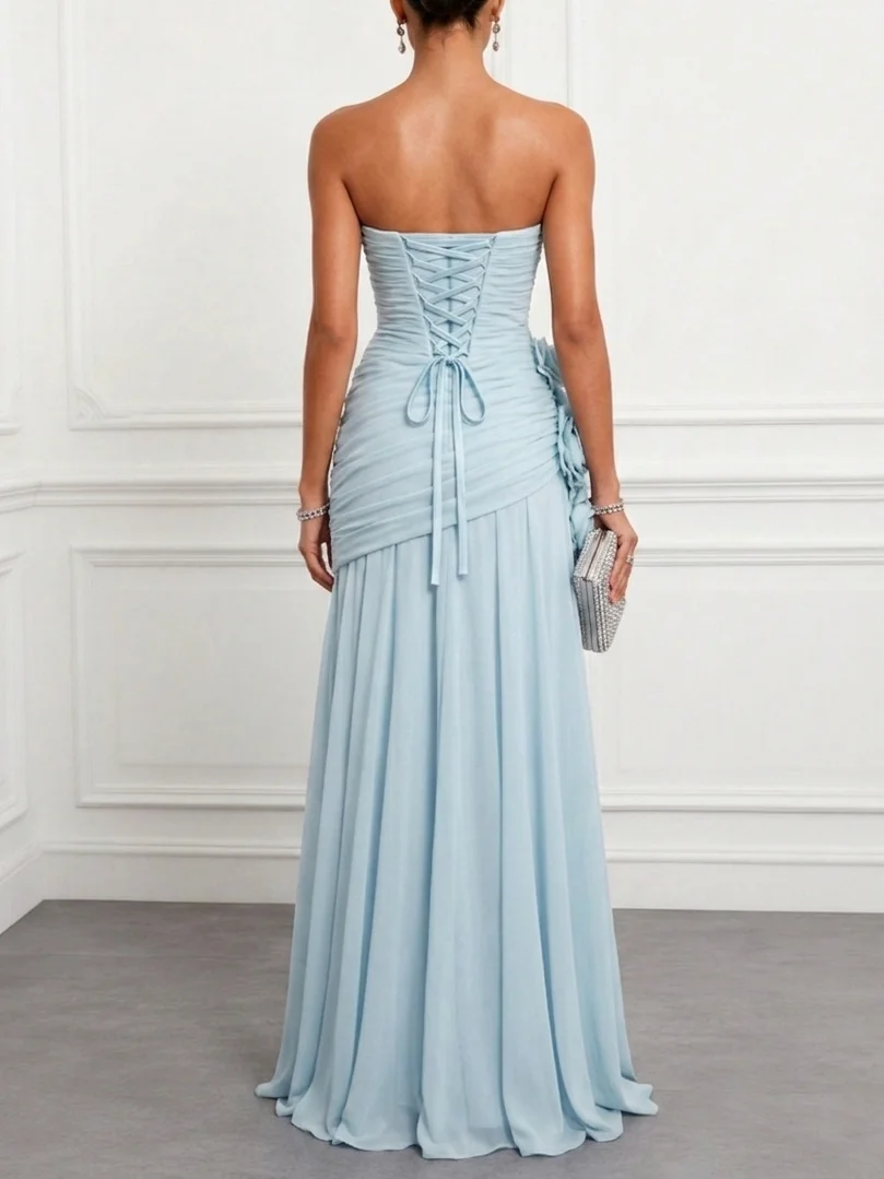Blue Ruched 3D Floral Chiffon Strapless Sleeveless A-Line Floor Length Dress