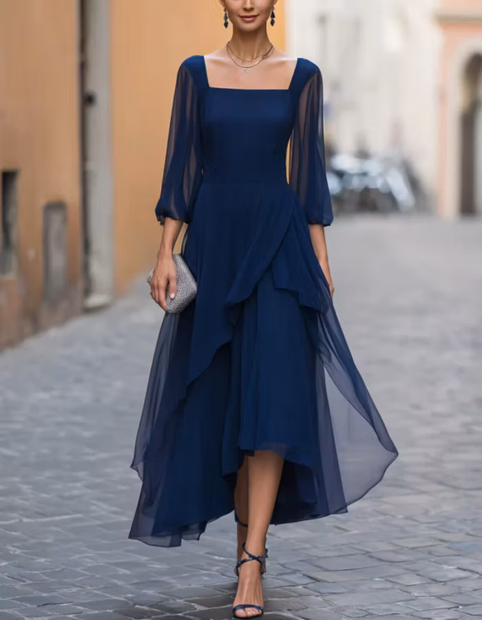 Navy Blue Chiffon High-Low Hem Midi Dress