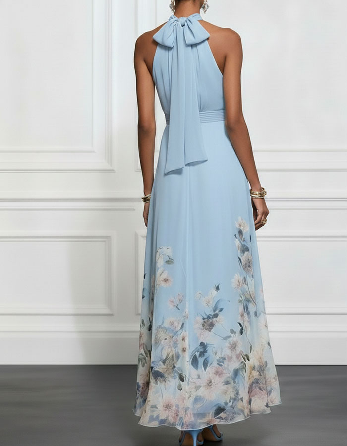 Light Blue Chiffon Halter Neck Maxi Dress