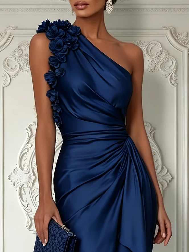 Purplish Blue 3D Floral Ruched Satin One Shoulder Sleeveless Sheath Floor-length Gown Dress