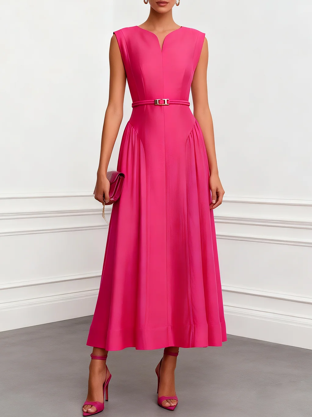 Rose Red Classic Notched Sleeveless A-Line Maxi Dress Rose Red Classic Notched Sleeveless A-Line Maxi Dress