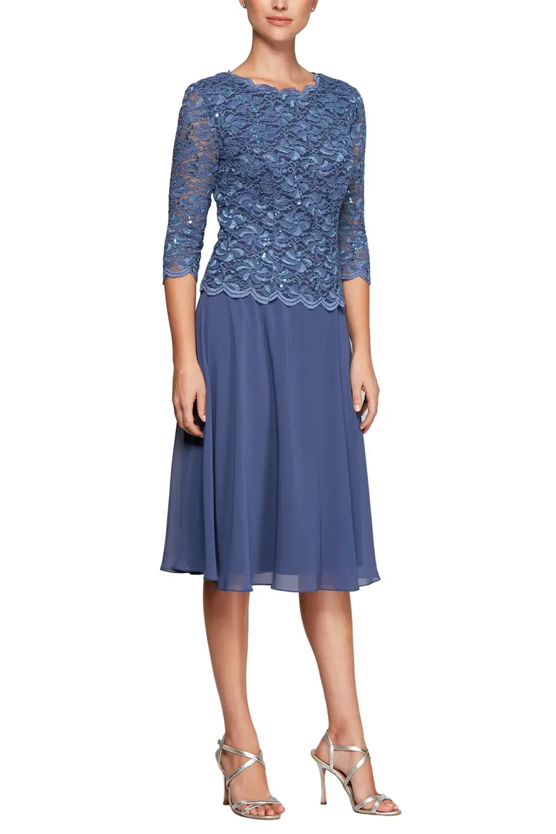 Classic Sequined Lace and Chiffon Two-Piece Knee-Length Dress Set