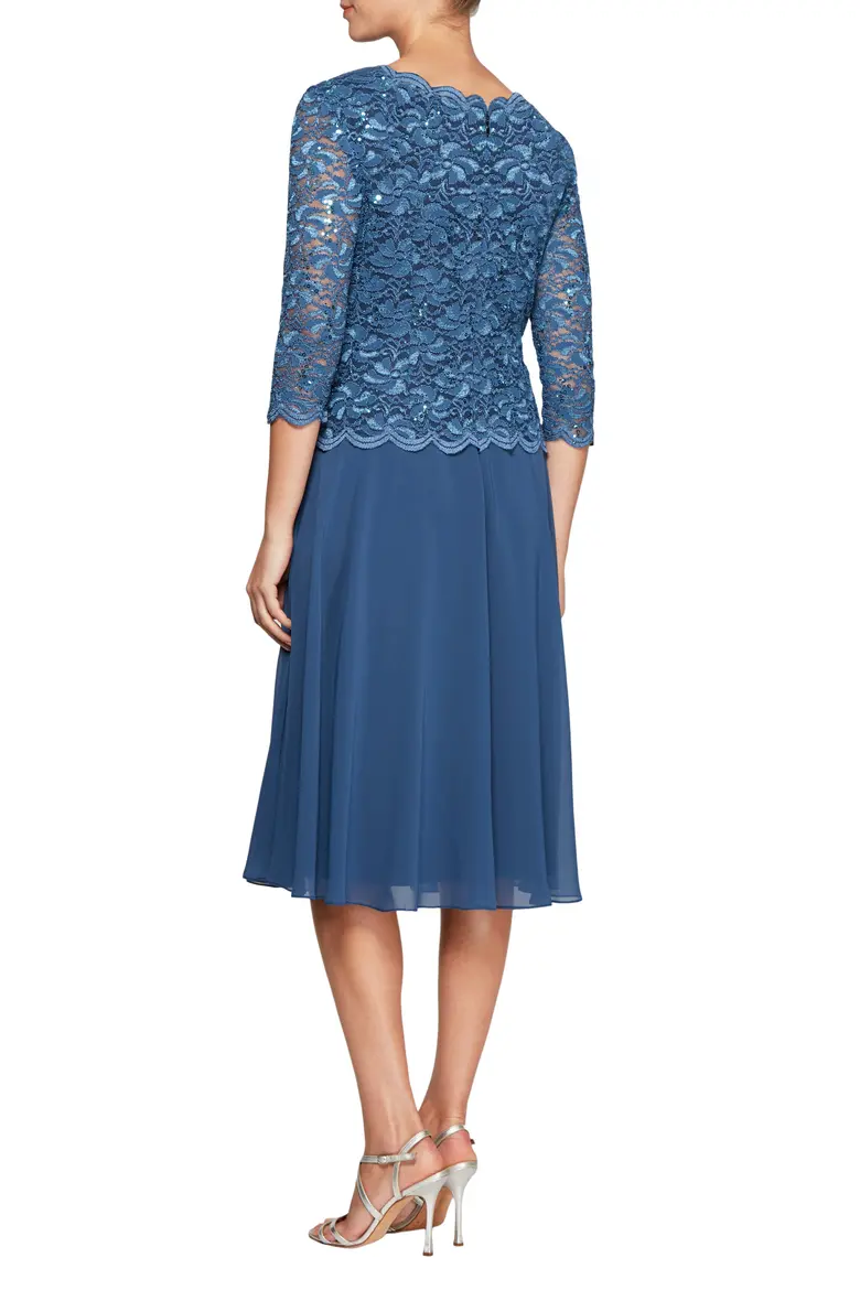 Classic Sequined Lace and Chiffon Two-Piece Knee-Length Dress Set