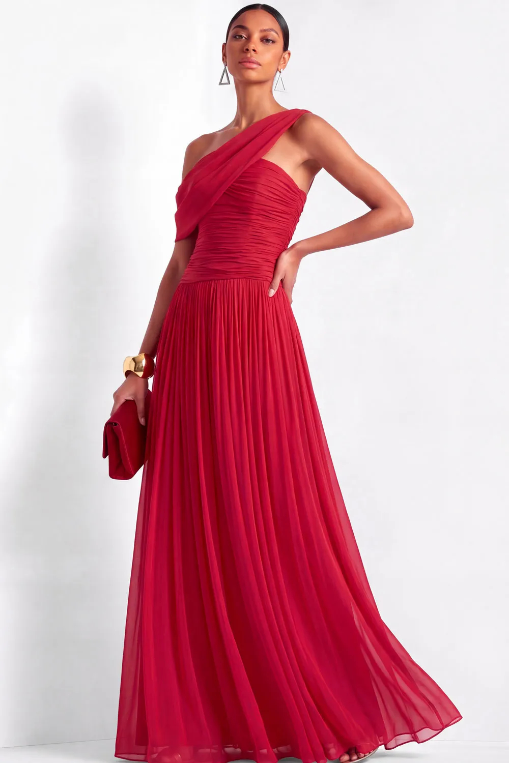 Red Off The Shoulder Pleated Chiffon Maxi Dress