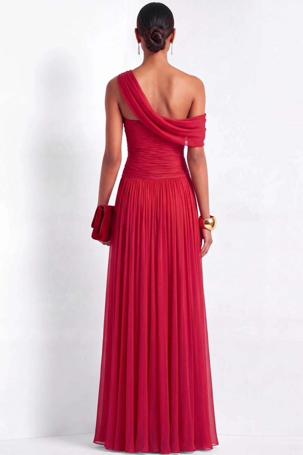 Red Off The Shoulder Pleated Chiffon Maxi Dress