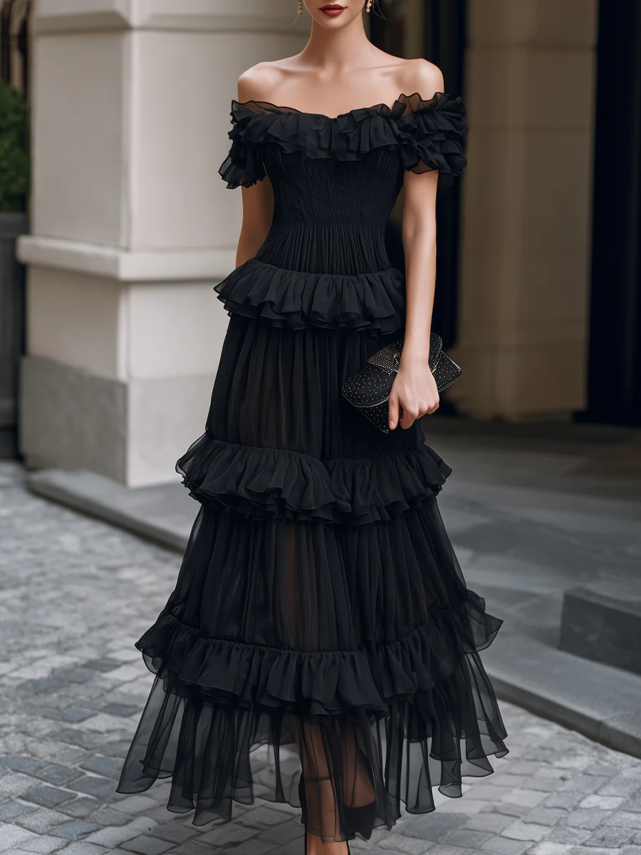 Off-Shoulder Tiered Ruffle Smocked Maxi Dress
