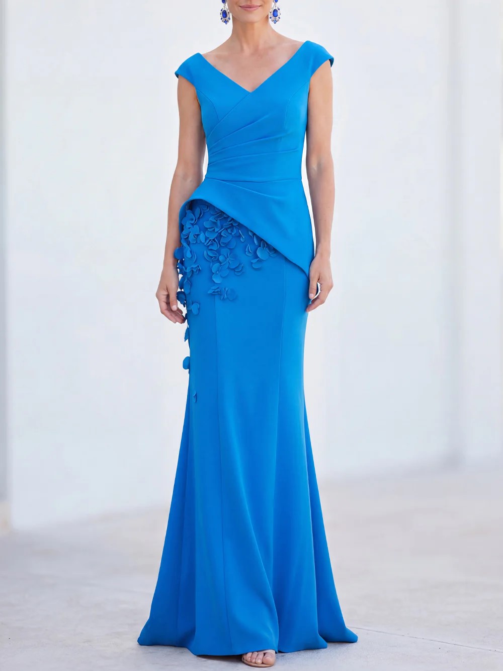 V-Neck Ruched Mermaid 3D Flowers Maxi Dress