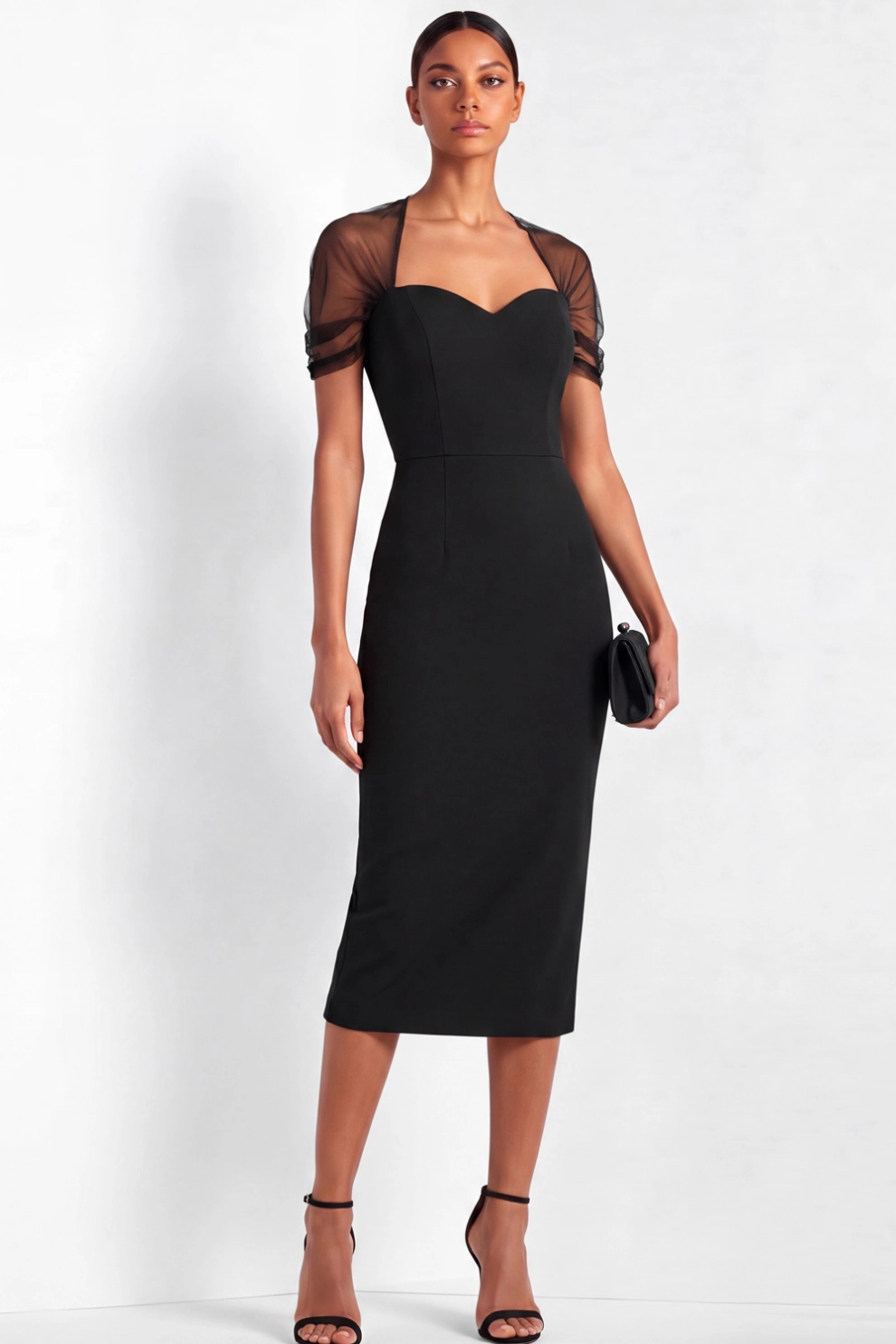 Black Tulle Sweetheart Neckline Short Sleeves Midi Dress