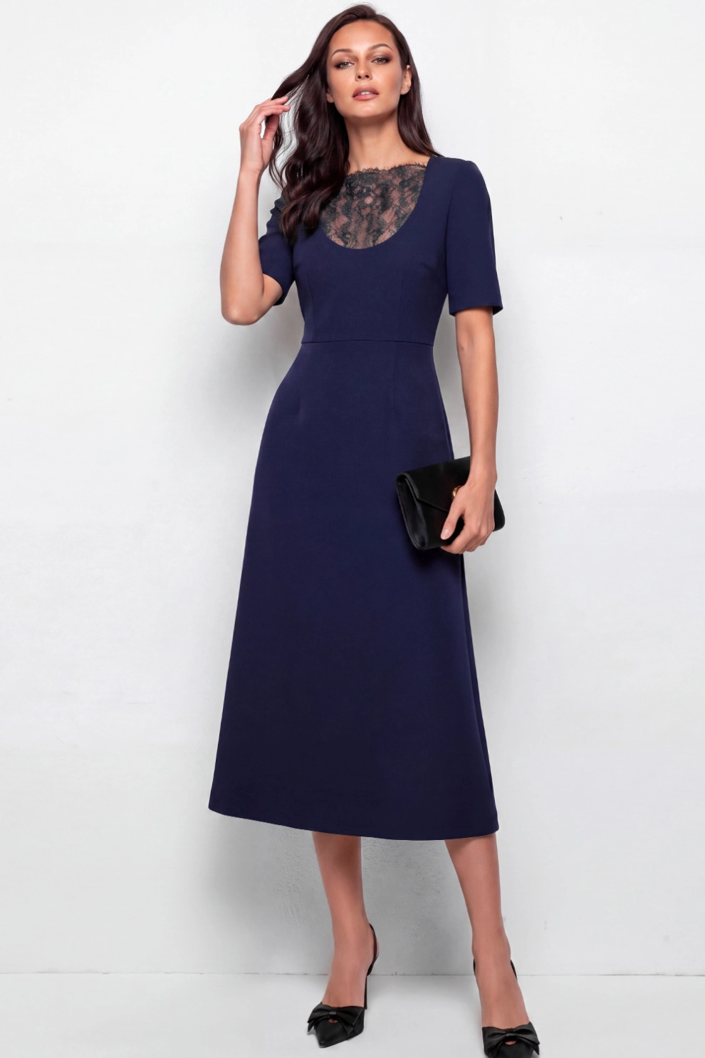 Navy A-Line with Lace Midi Dress
