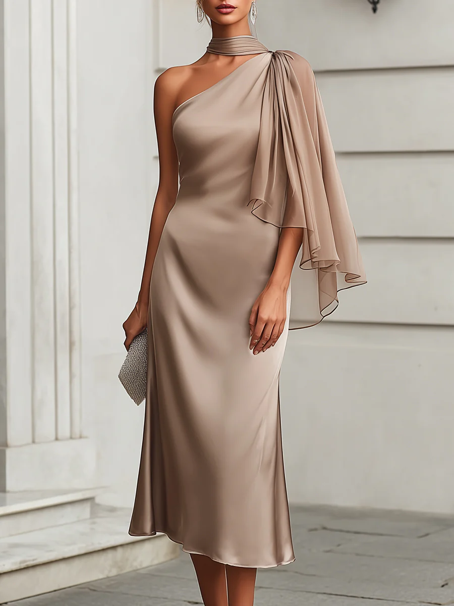 One-Shoulder Draped Cape Midi Dress
