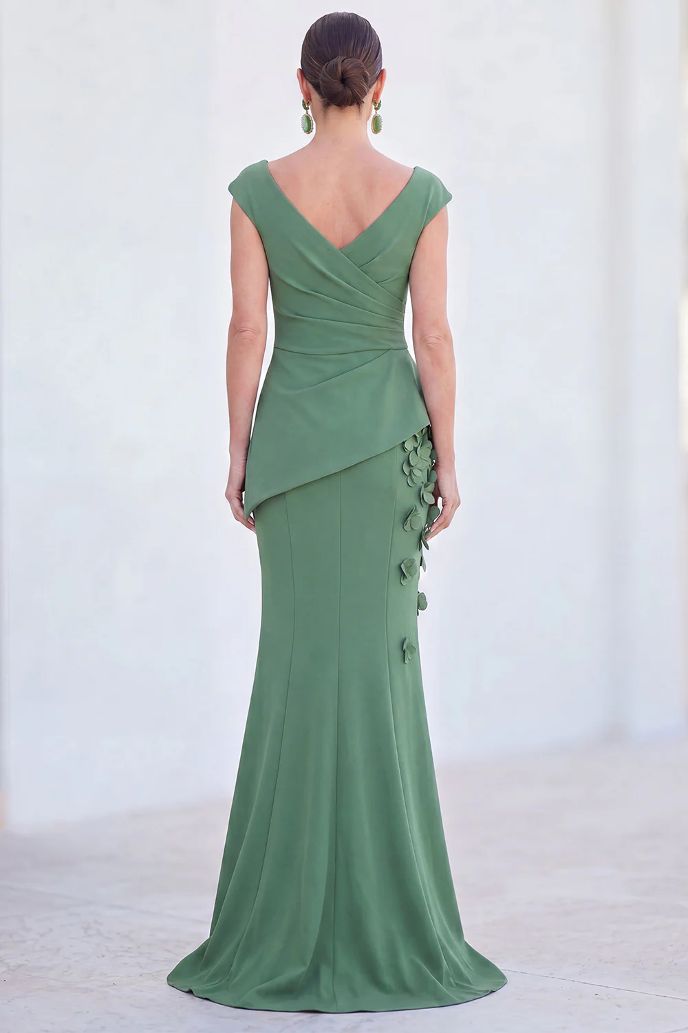 V-Neck Ruched Mermaid 3D Flowers Maxi Dress