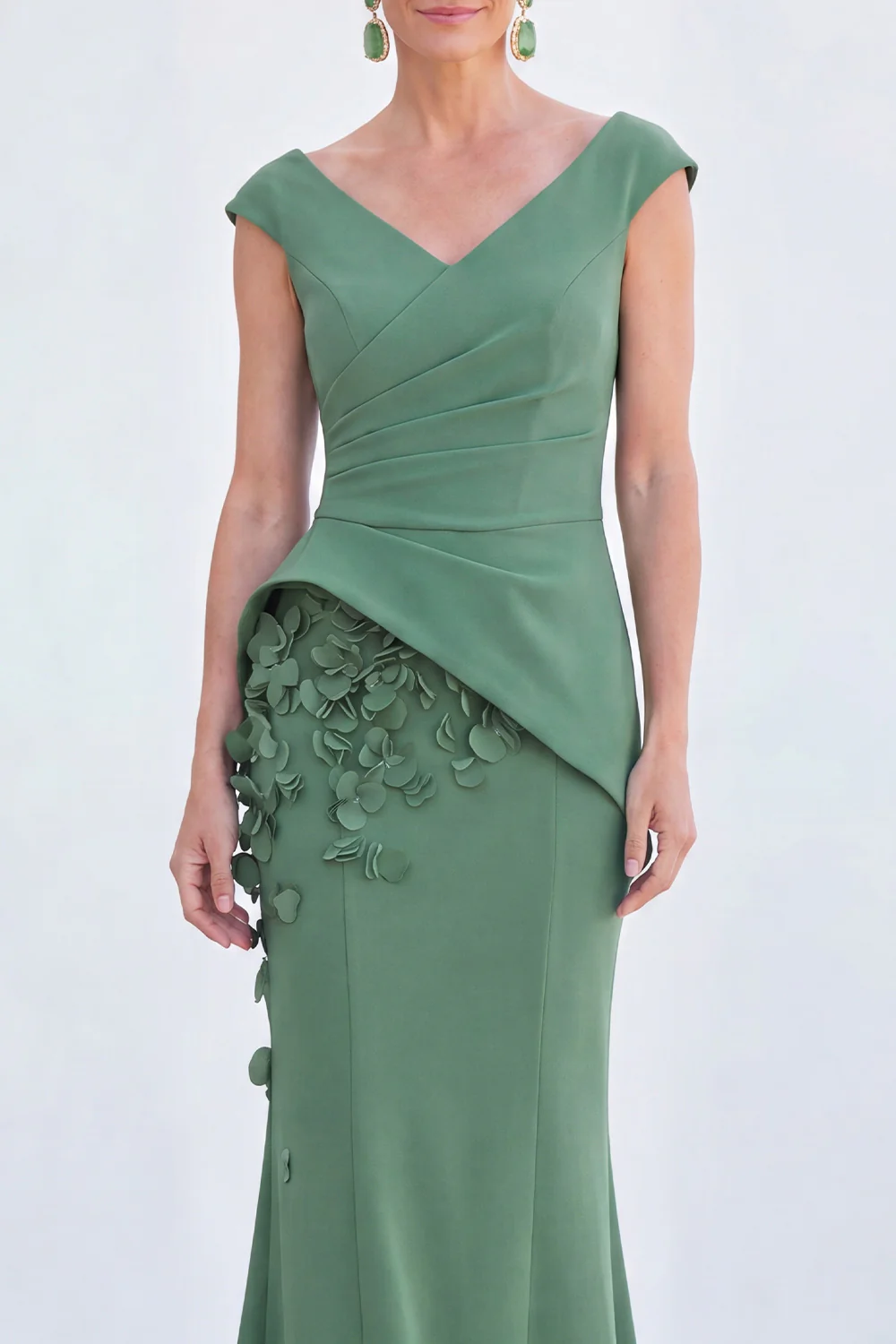 V-Neck Ruched Mermaid 3D Flowers Maxi Dress