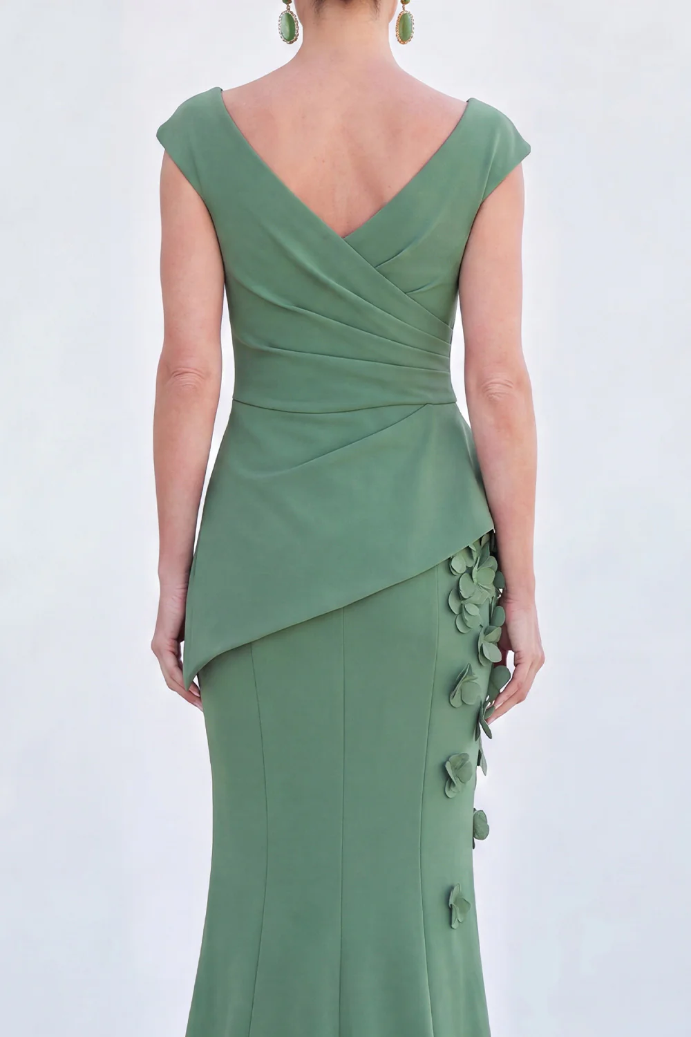 V-Neck Ruched Mermaid 3D Flowers Maxi Dress