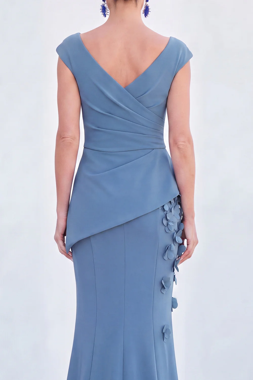 V-Neck Ruched Mermaid 3D Flowers Maxi Dress