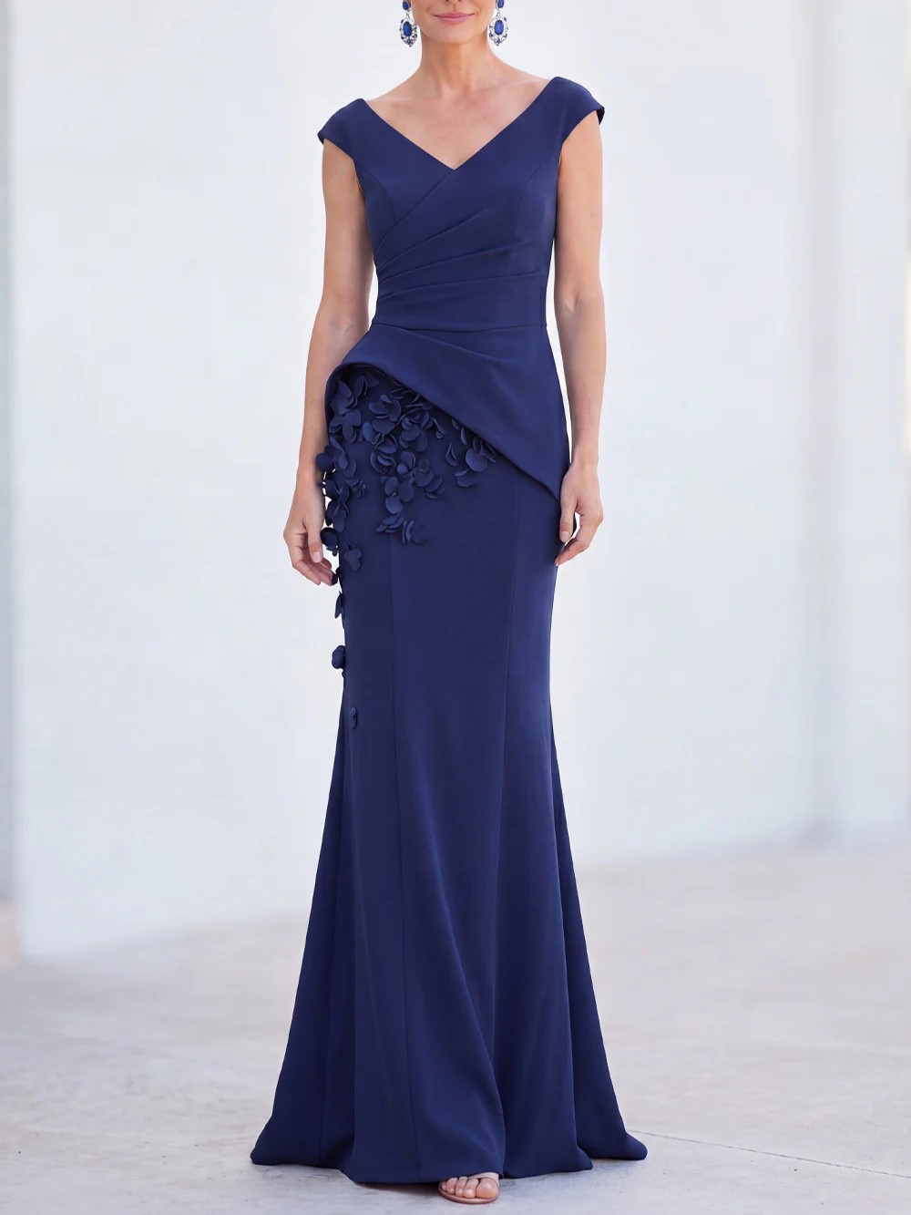 V-Neck Ruched Mermaid 3D Flowers Maxi Dress
