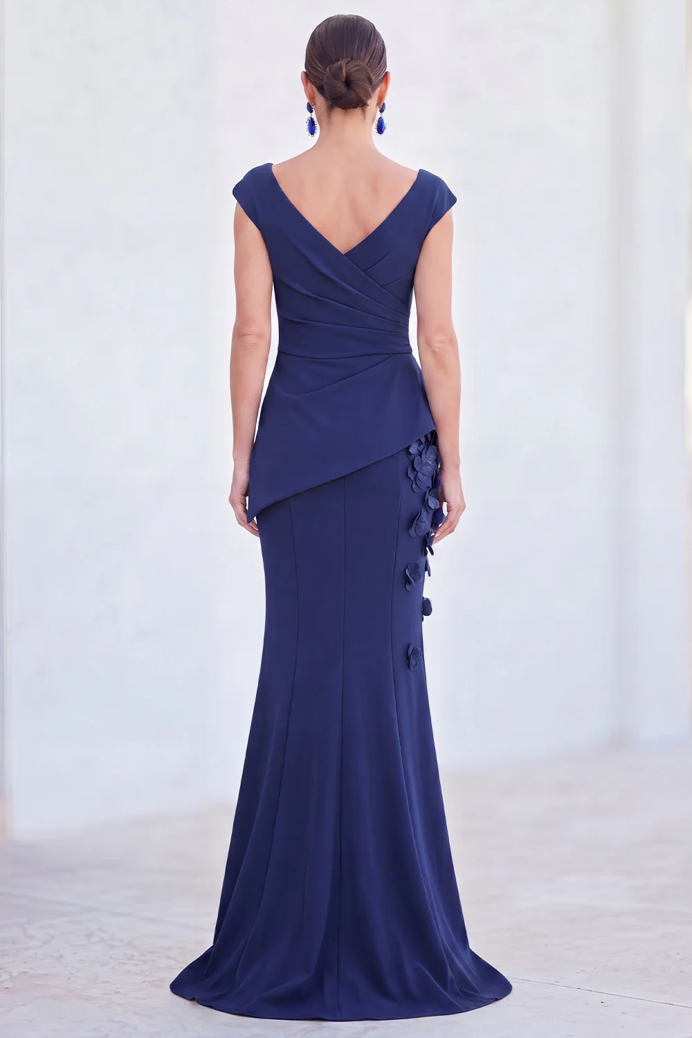 V-Neck Ruched Mermaid 3D Flowers Maxi Dress