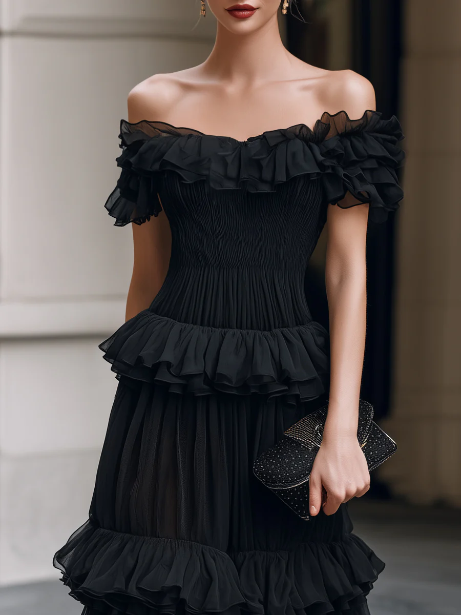 Off-Shoulder Tiered Ruffle Smocked Maxi Dress