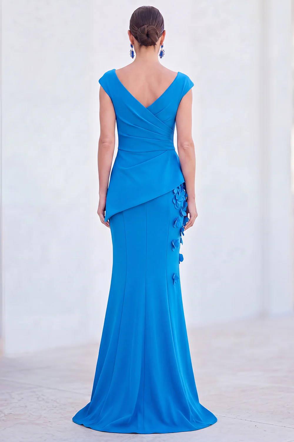 V-Neck Ruched Mermaid 3D Flowers Maxi Dress
