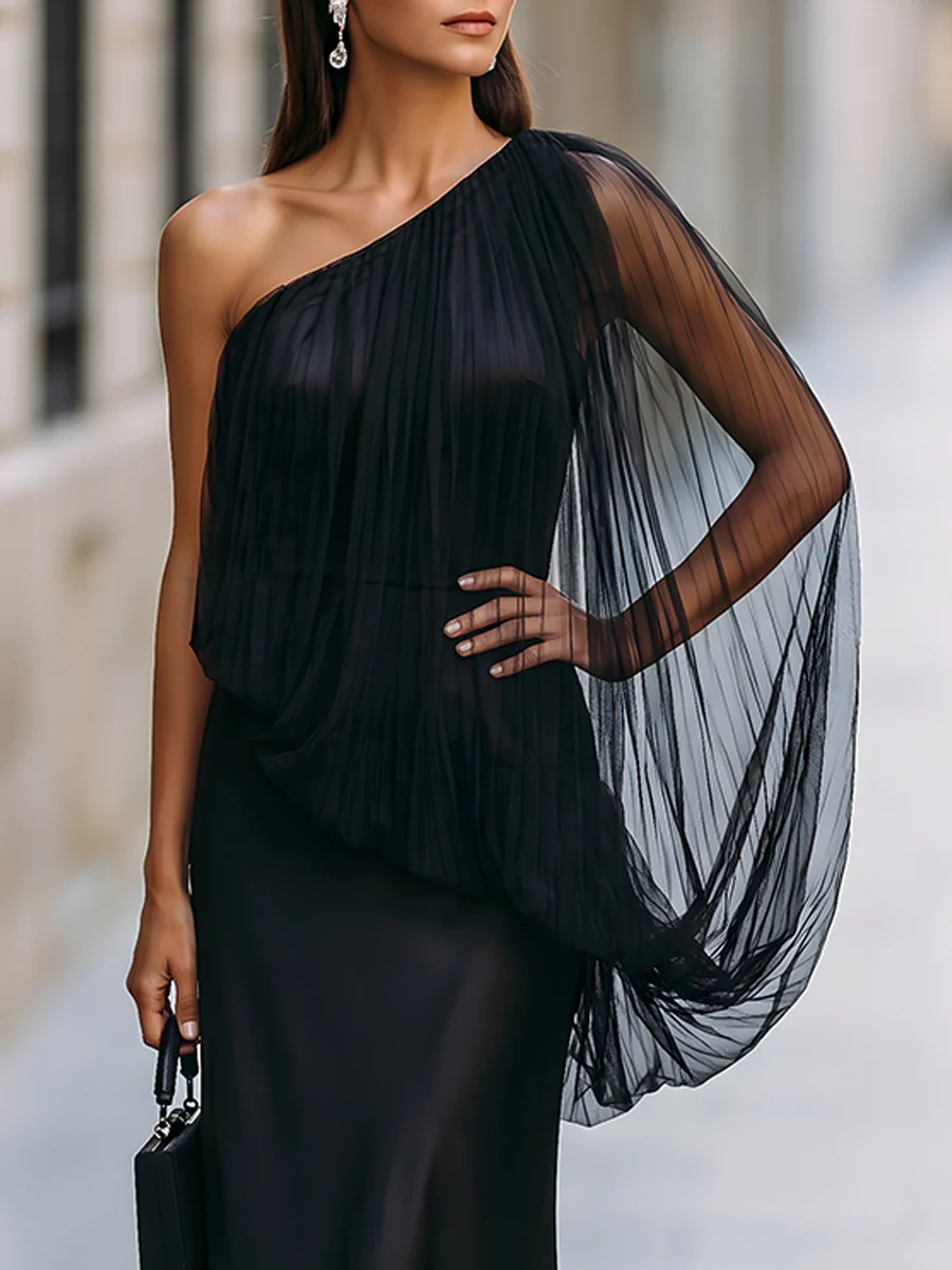 One-Shoulder Tulle Overlay Satin Mermaid Maxi Dress