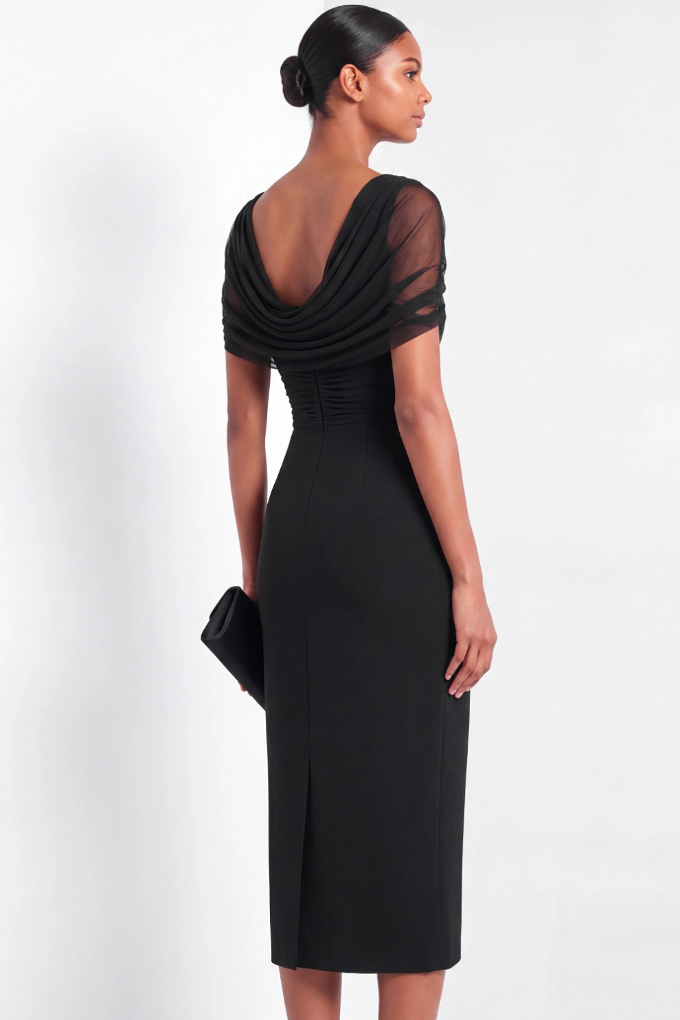 Black Tulle Sweetheart Neckline Short Sleeves Midi Dress