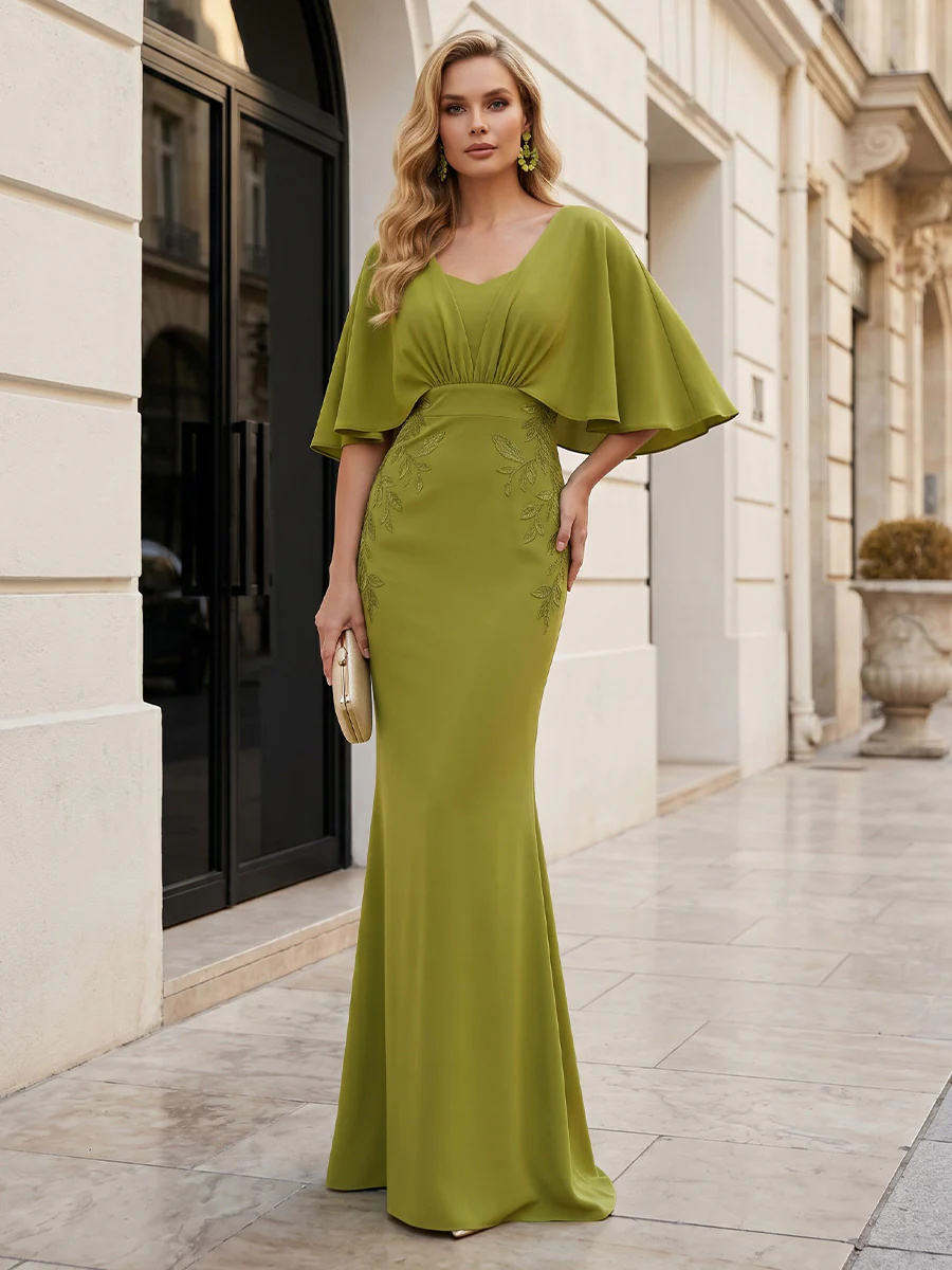 Stretch Mesh Sheath V-Neck with Ruched Waist Maxi Dress