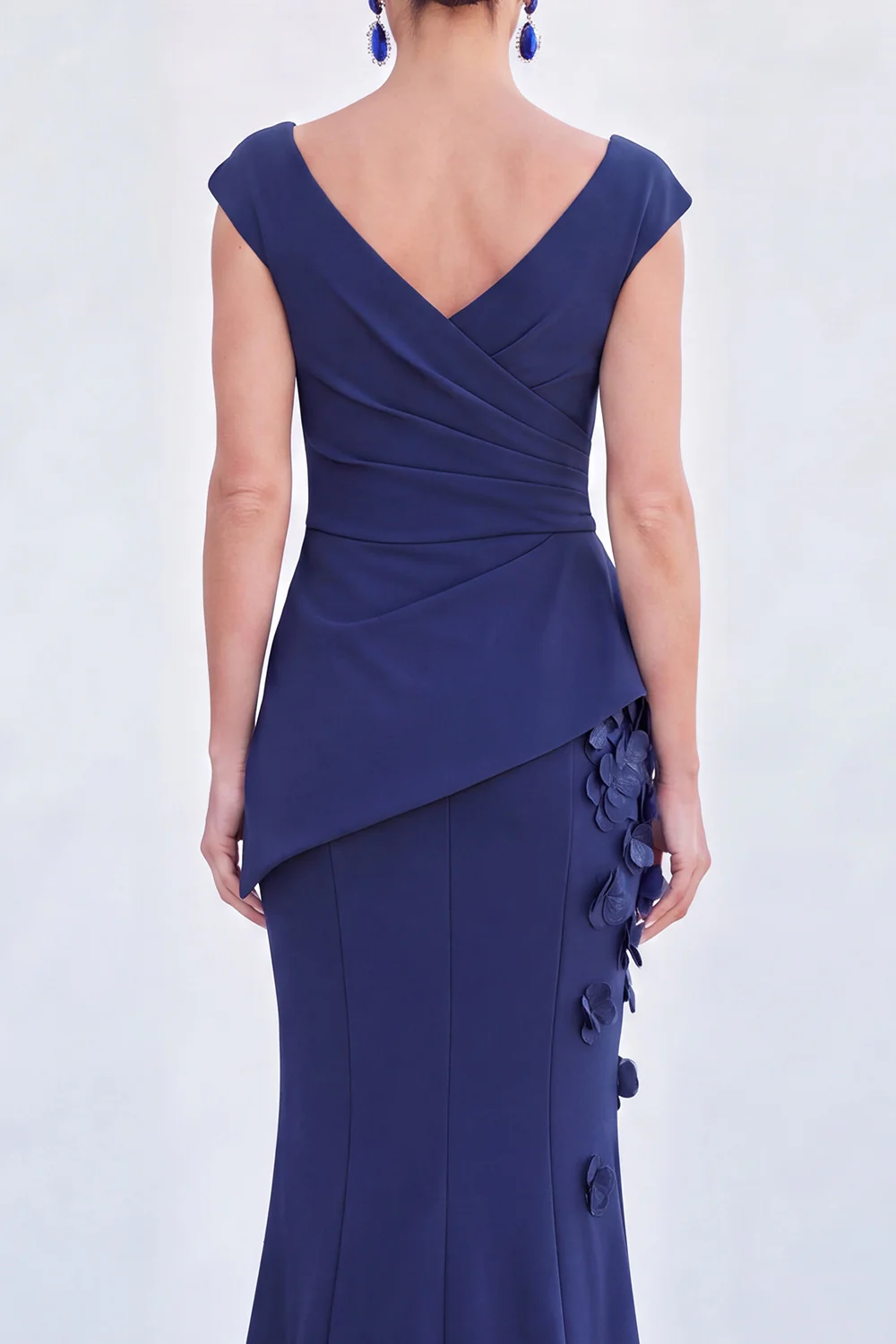 V-Neck Ruched Mermaid 3D Flowers Maxi Dress