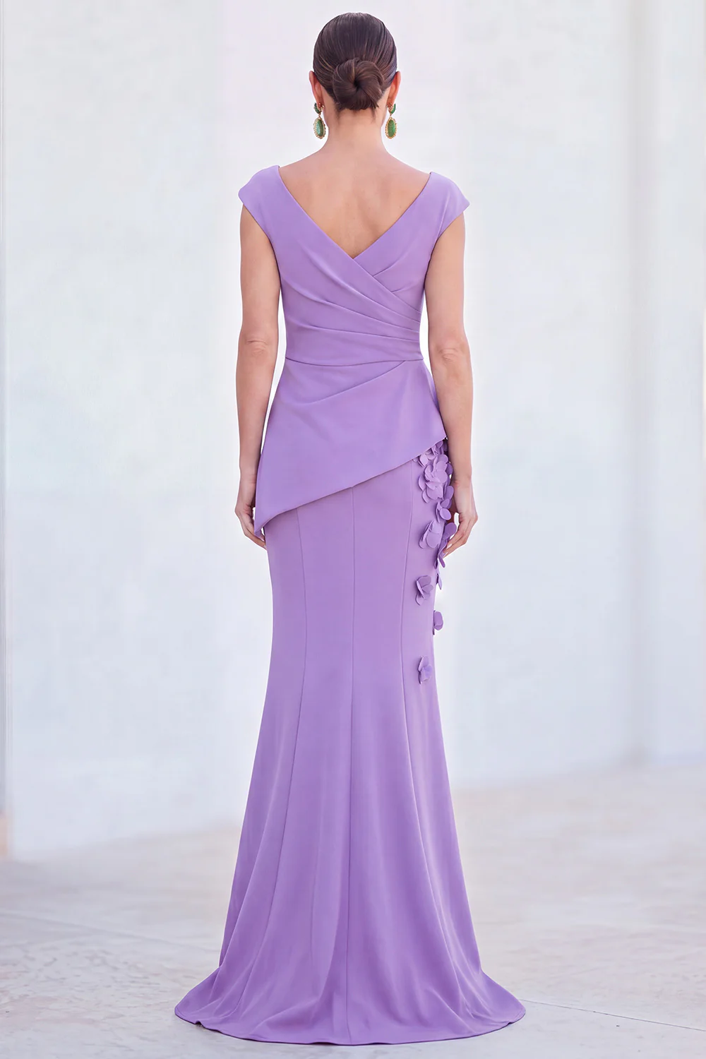 V-Neck Ruched Mermaid 3D Flowers Maxi Dress