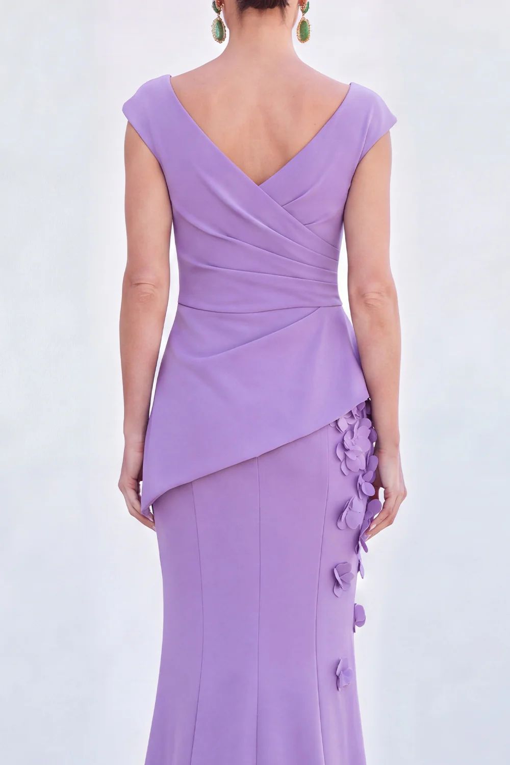 V-Neck Ruched Mermaid 3D Flowers Maxi Dress