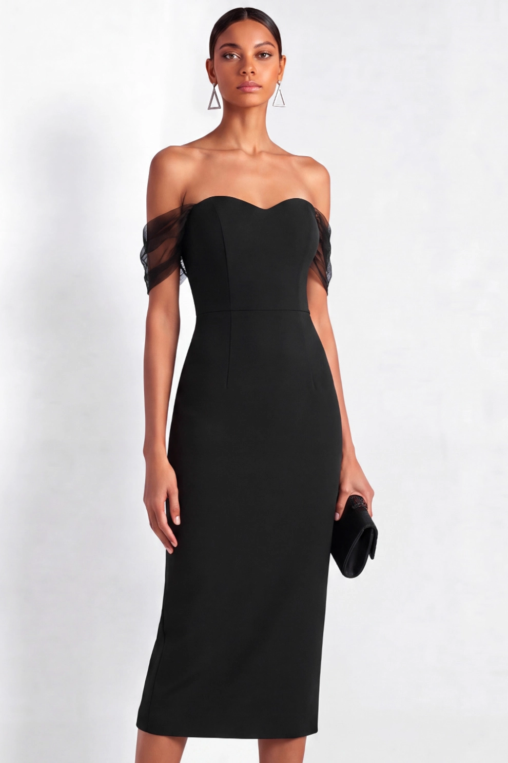 Black Tulle Sweetheart Neckline Short Sleeves Midi Dress