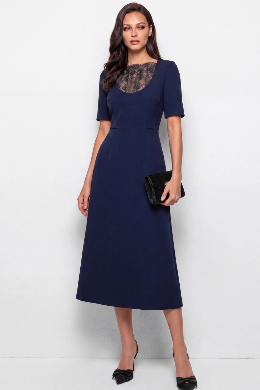 Navy A-Line with Lace Midi Dress