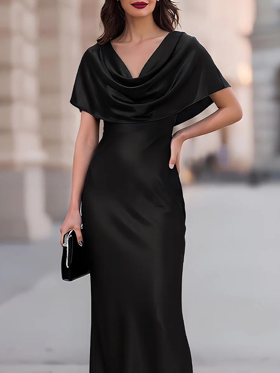 Cowl-Neck Capelet Satin Mermaid Maxi Dress