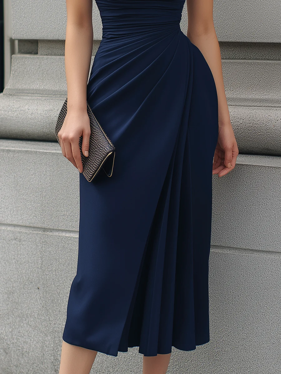 Short-Sleeve Side Drape Ruched Wrap Midi Dress