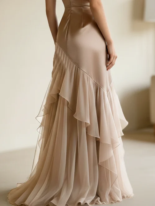Light Camel V Neck Sleeveless Ruffled Satin A-Line Gown