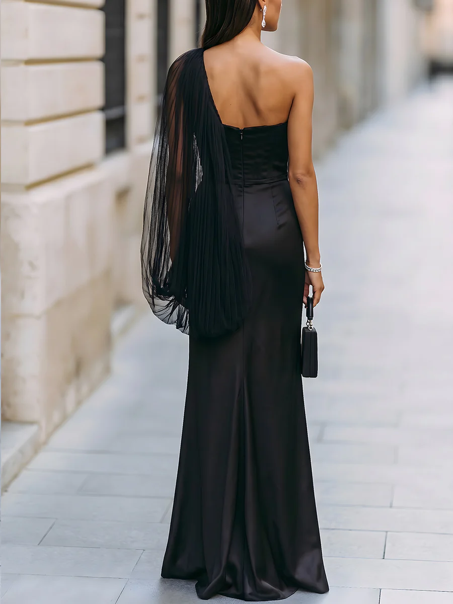 One-Shoulder Tulle Overlay Satin Mermaid Maxi Dress