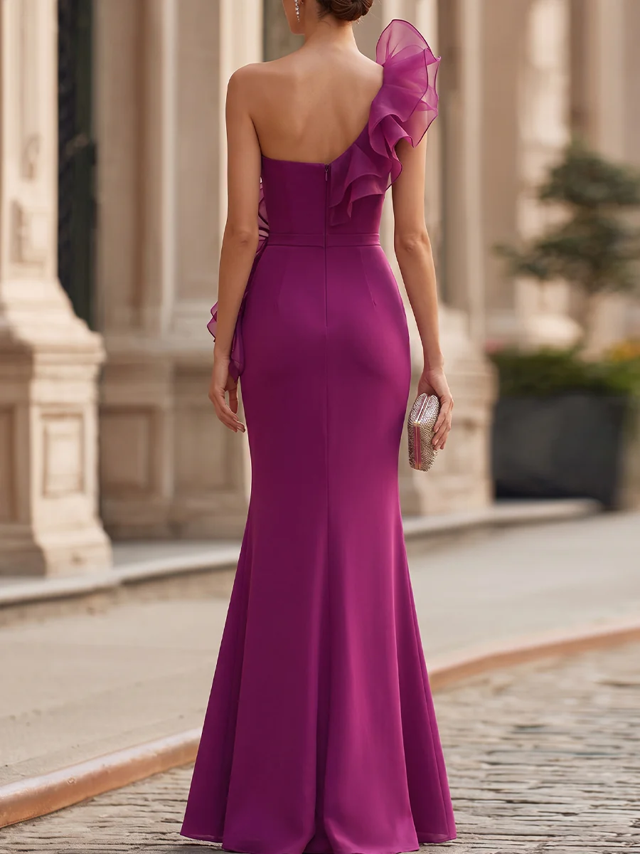 Magenta Single Shoulder Organza Ruffle Bodycon Mermaid Maxi Dress
