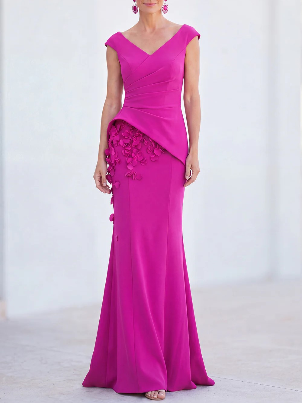 V-Neck Ruched Mermaid 3D Flowers Maxi Dress