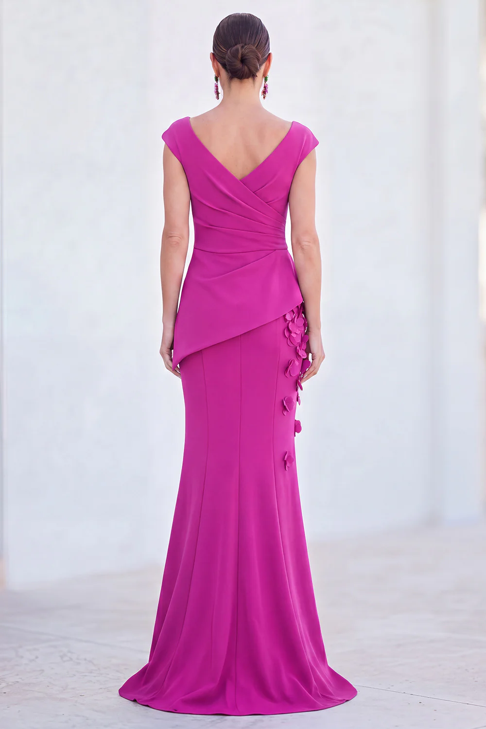 V-Neck Ruched Mermaid 3D Flowers Maxi Dress