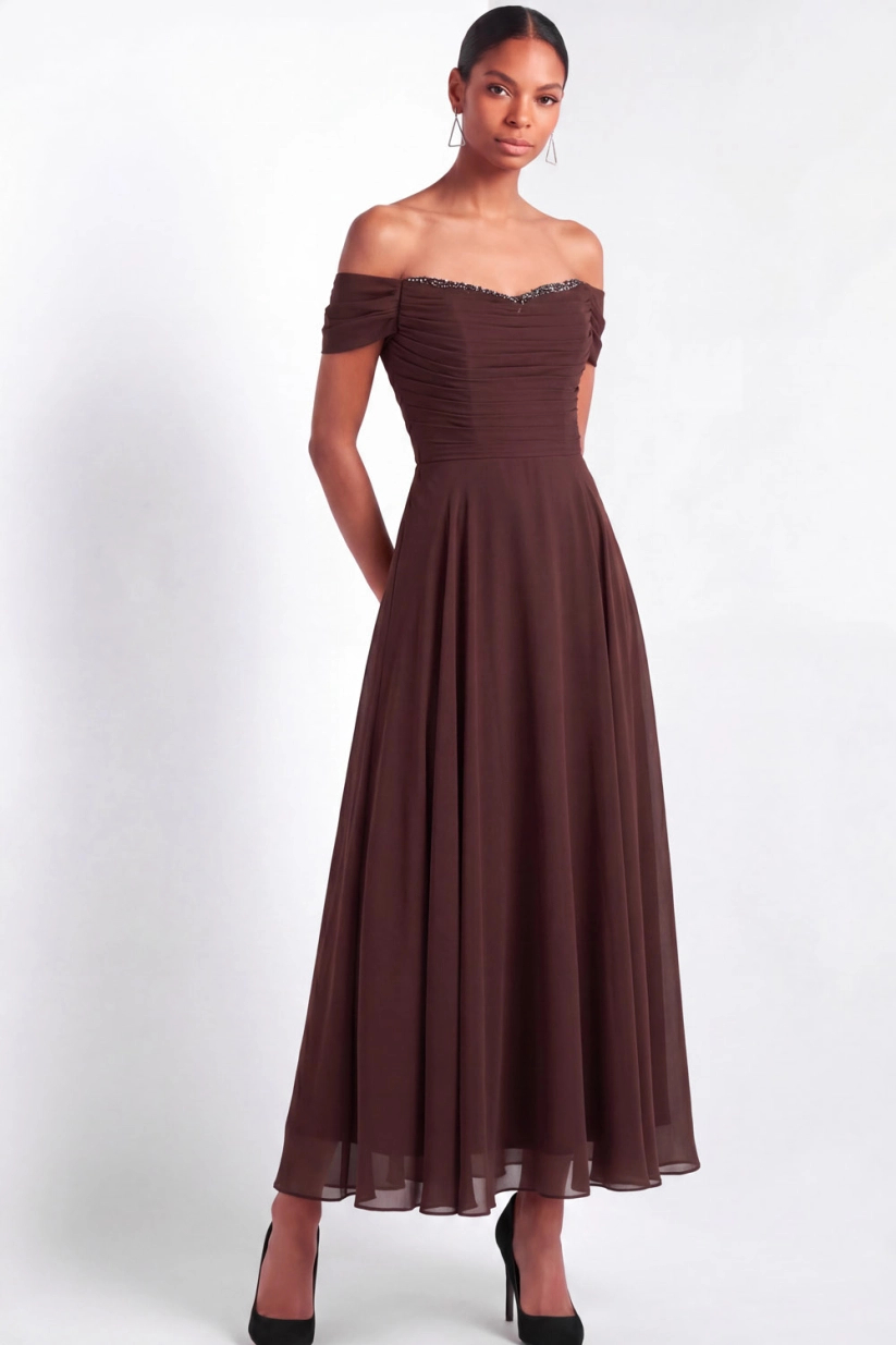 Sequin Off Shoulder A-Line Chiffon Maxi Dress