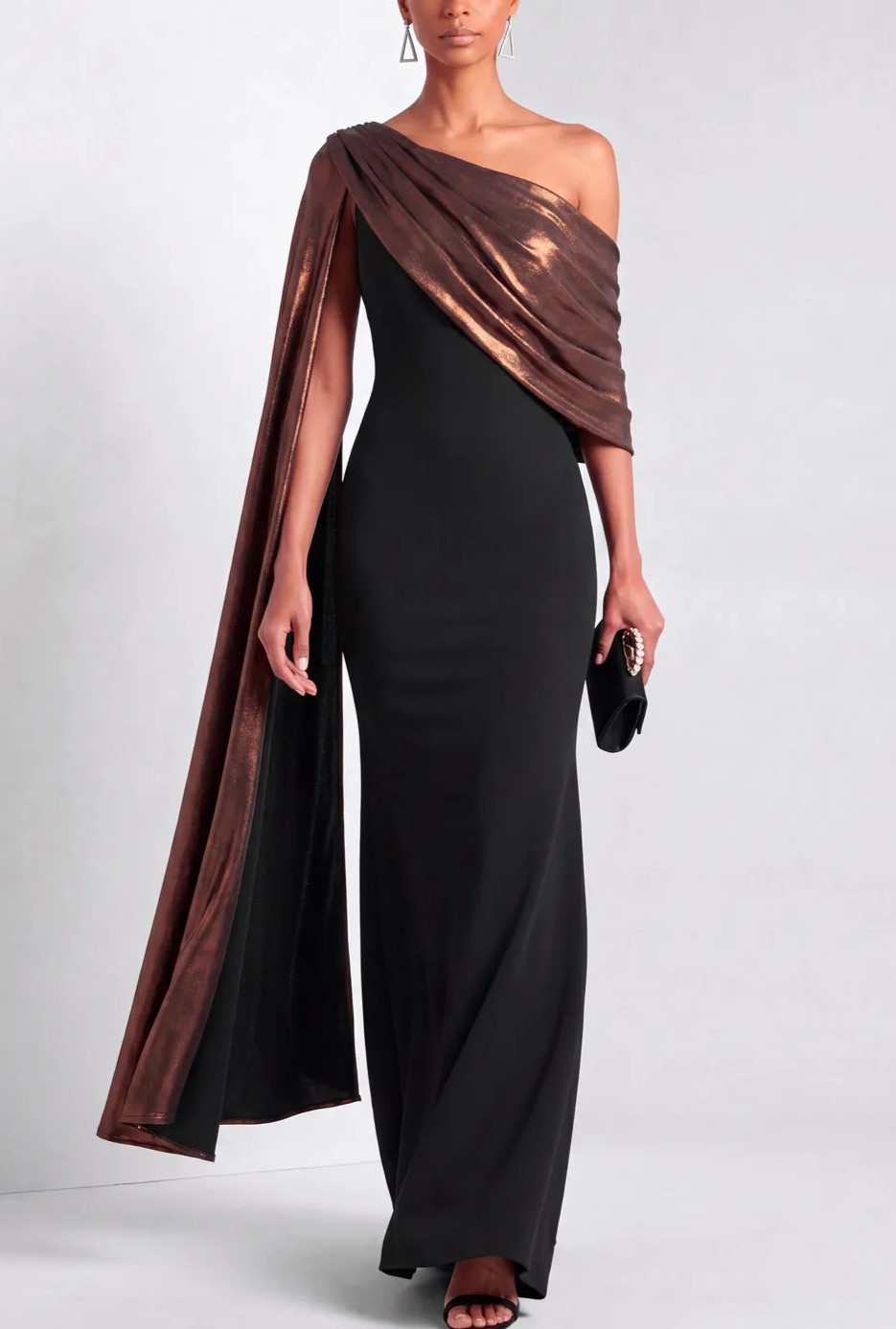 Black One Shoulder Metallic Mermaid with Sash Maxi Dress