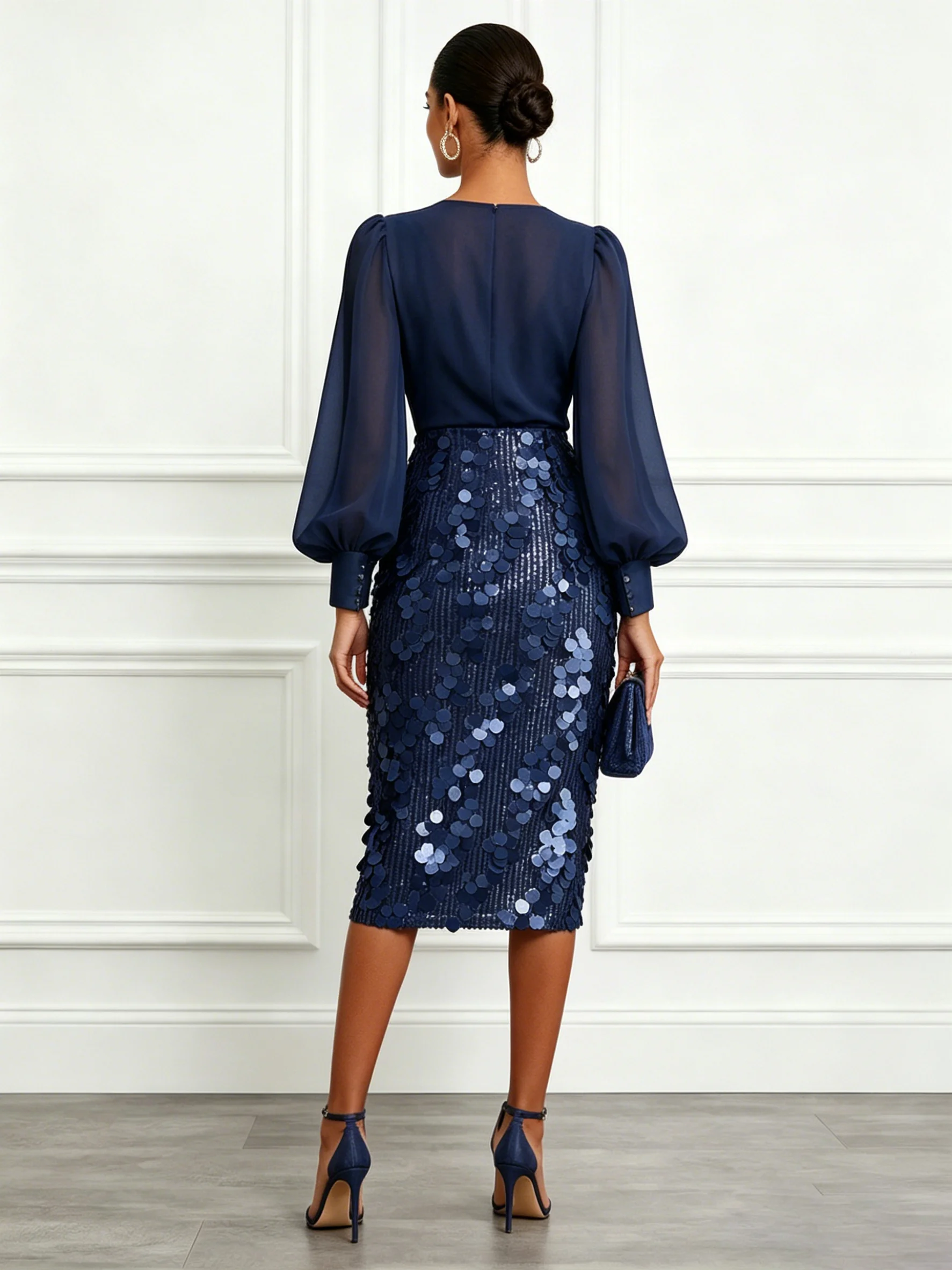 Purplish Blue Glitter Sequin V Neck Long Sleeve Balloon Sleeve Sheath Midi Dress