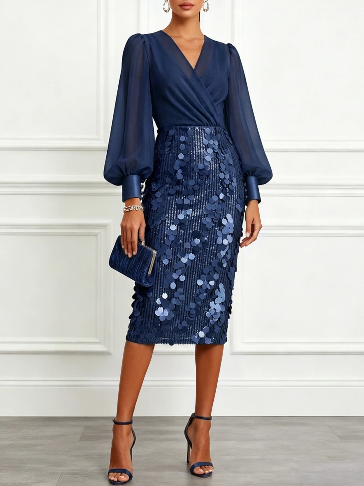 Purplish Blue Glitter Sequin V Neck Long Sleeve Balloon Sleeve Sheath Midi Dress