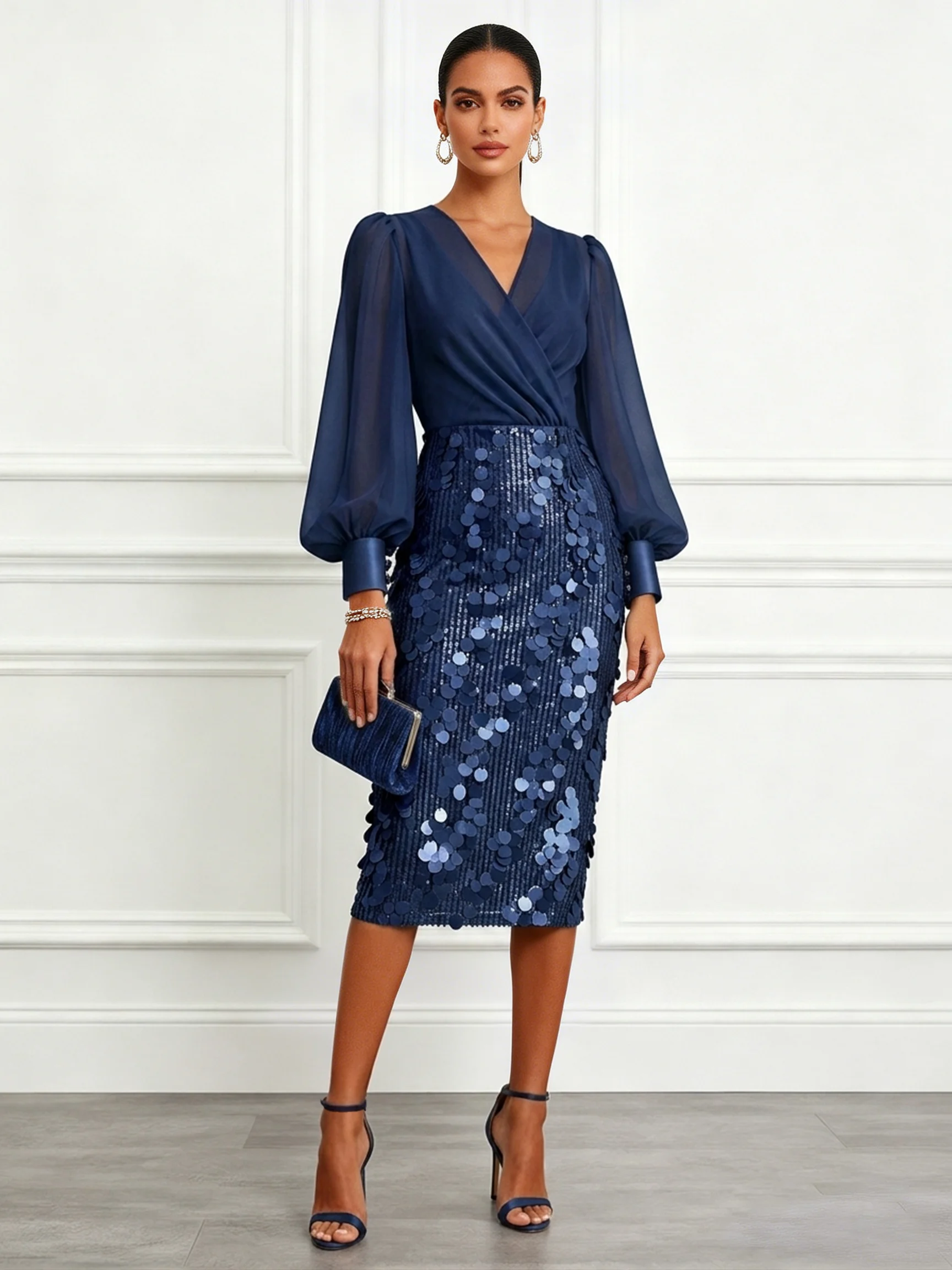 Purplish Blue Glitter Sequin V Neck Long Sleeve Balloon Sleeve Sheath Midi Dress