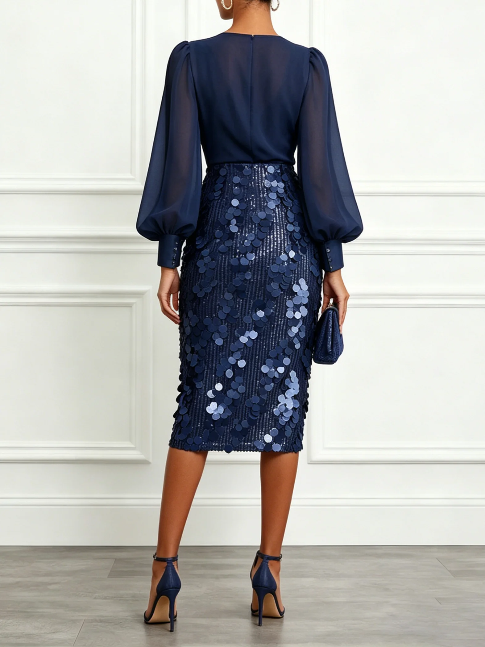 Purplish Blue Glitter Sequin V Neck Long Sleeve Balloon Sleeve Sheath Midi Dress