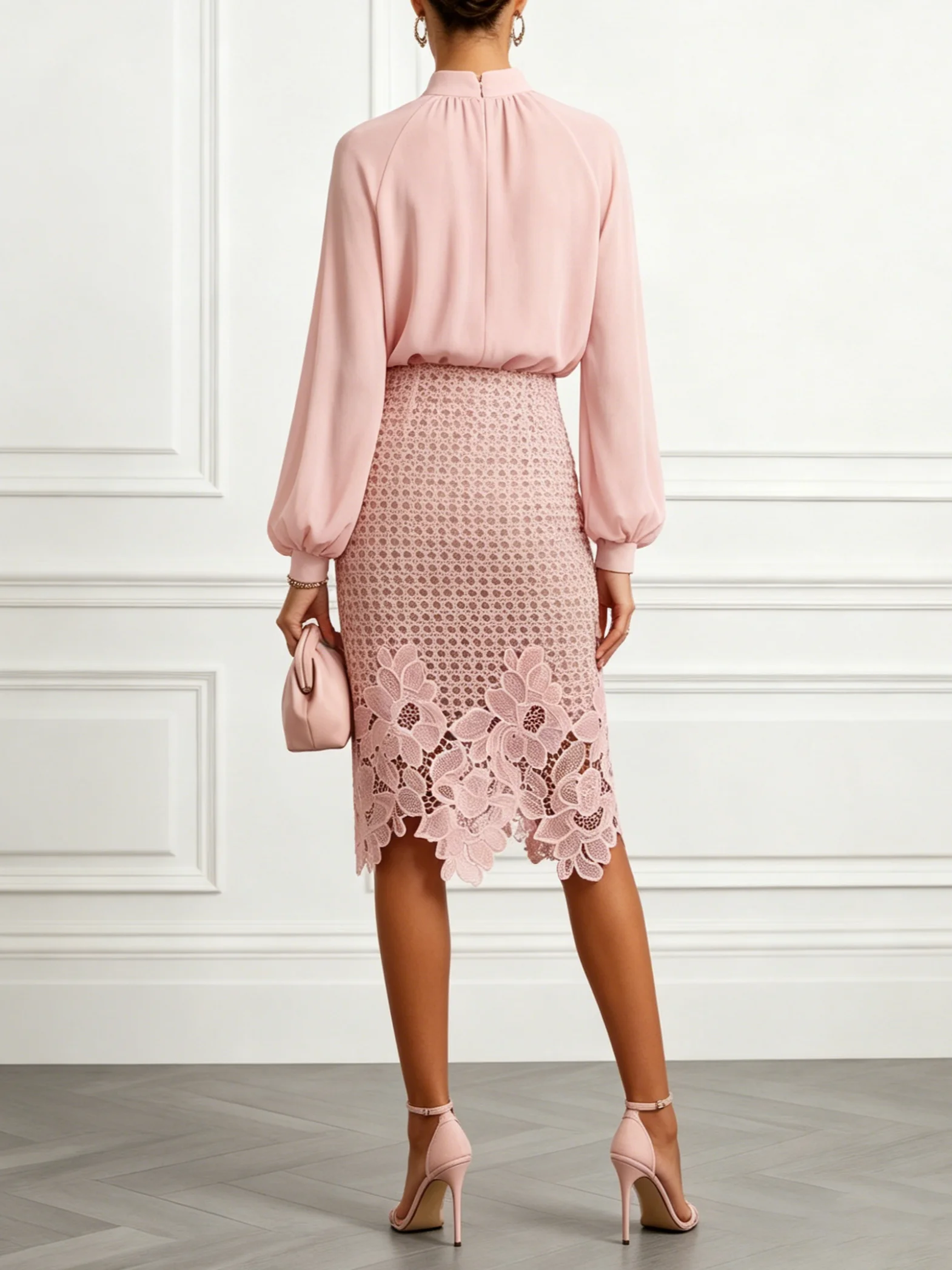 Lace Mock Neck Long Sleeve Balloon Sleeve With Skirt Two-Piece Set