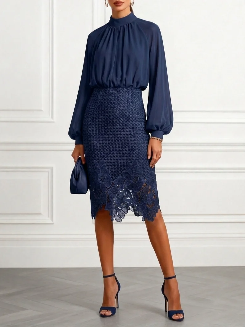 Lace Mock Neck Long Sleeve Balloon Sleeve With Skirt Two-Piece Set