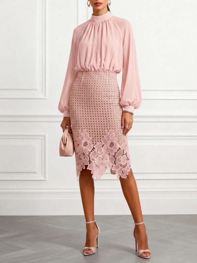 Lace Mock Neck Long Sleeve Balloon Sleeve With Skirt Two-Piece Set